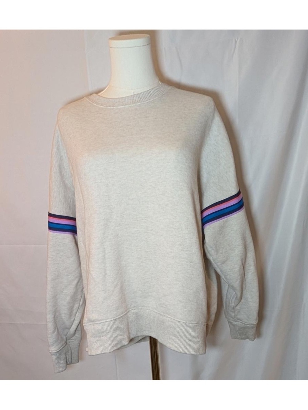 Aerie Women’s Medium Cream Sweatshirt with Blue and Pink Stripes on Sleeves